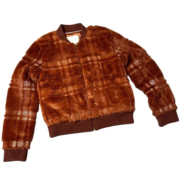 Anthropologie Plaid Teddy Fuzzy Bomber Jacket Size XS - Picture 2 of 14